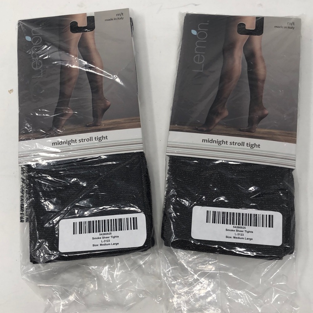 New 2 pr. Lemon Black & Metallic Sheer Tights  Lg